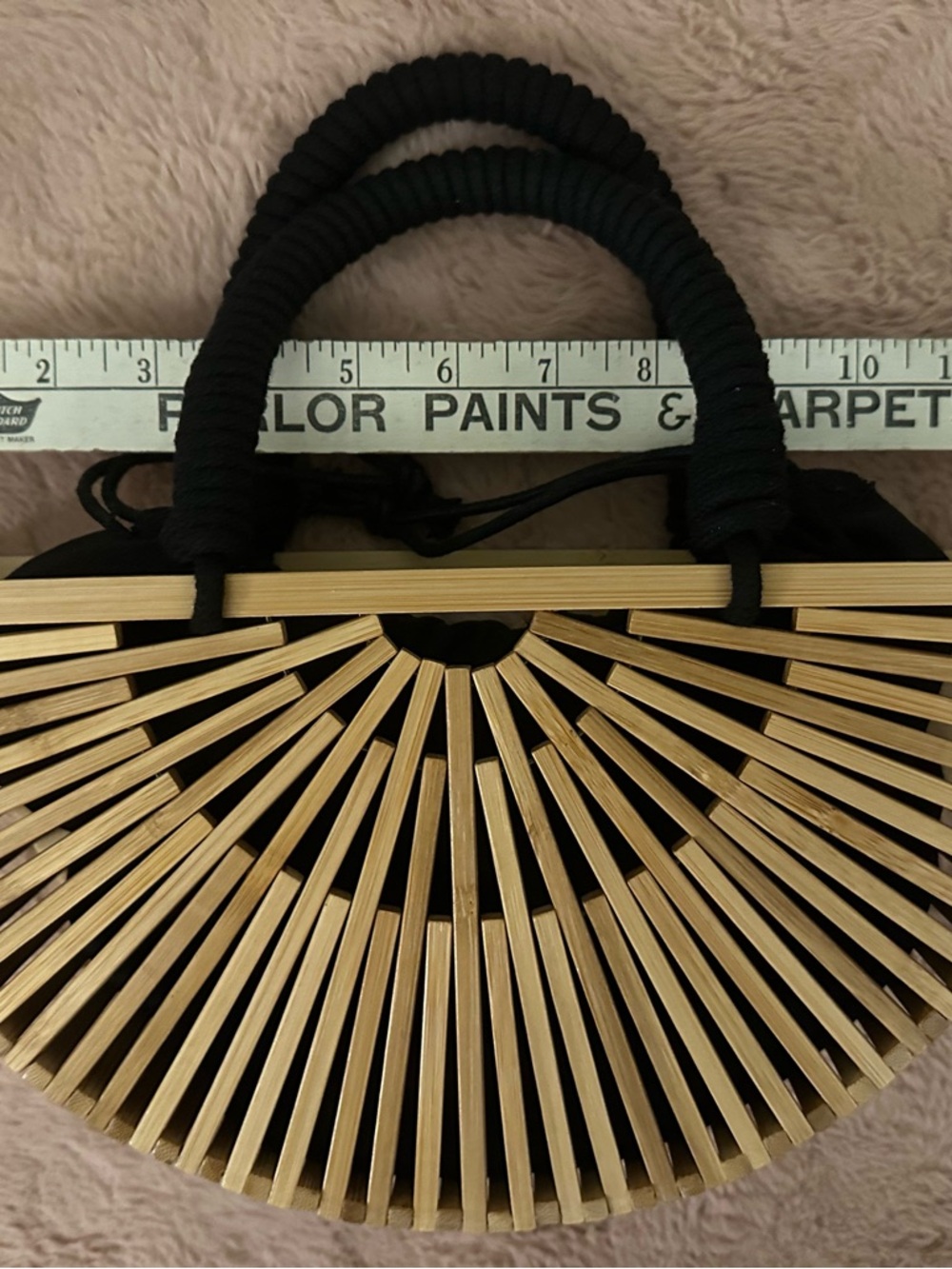 Small Semi-Circle Bamboo Tote with Black Woven Handle and Inside Purse - Picture 5 of 7